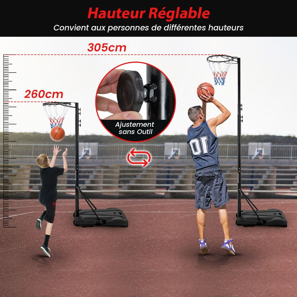 Panier De Basket-Ball Hauteur 260-305Cm Support De Basketball Mobile Avec Base Rechargeable 2 Roues Jante Résistants Aux Intempéries