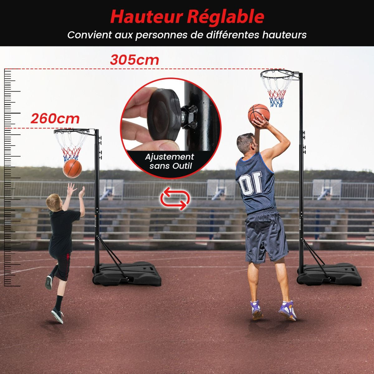 Panier De Basket-Ball Hauteur 260-305Cm Support De Basketball Mobile Avec Base Rechargeable 2 Roues Jante Résistants Aux Intempéries
