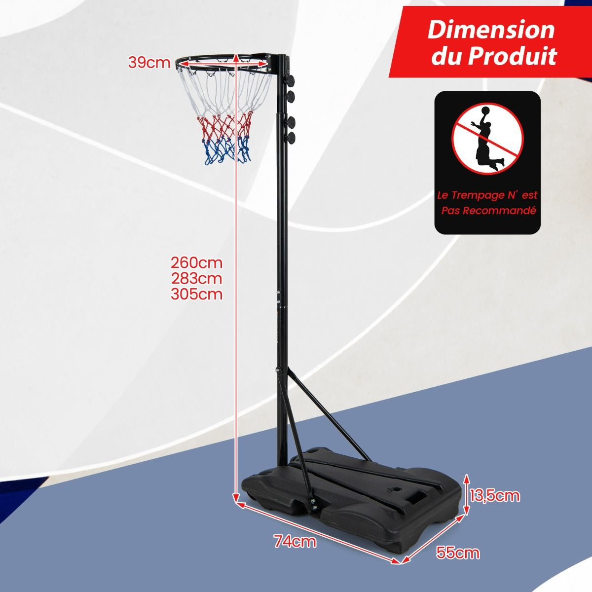 Panier De Basket-Ball Hauteur 260-305Cm Support De Basketball Mobile Avec Base Rechargeable 2 Roues Jante Résistants Aux Intempéries