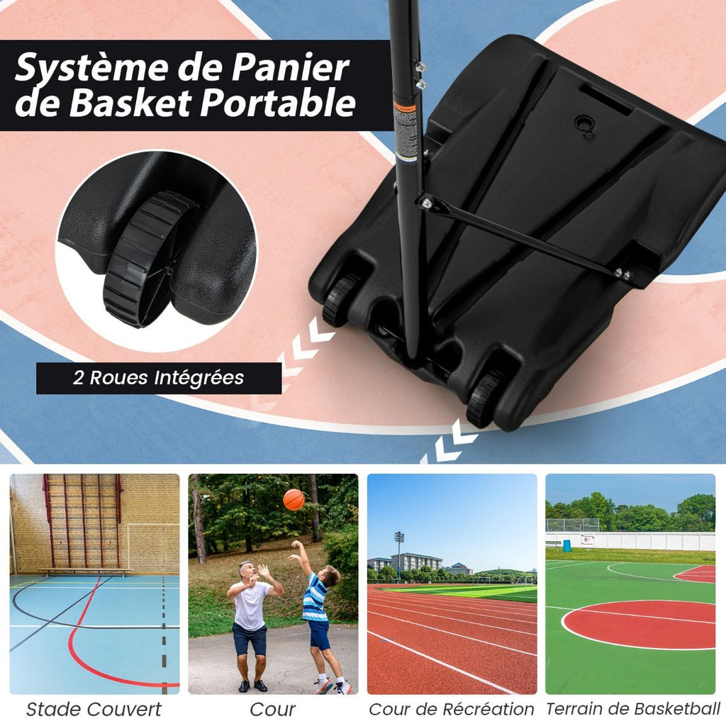 Panier De Basket-Ball Hauteur 260-305Cm Support De Basketball Mobile Avec Base Rechargeable 2 Roues Jante Résistants Aux Intempéries